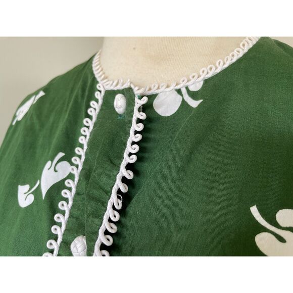 VTG Casual Aire Reef Towers Hawaiian Tiki Village Button Front Green Blouse - Picture 5 of 12